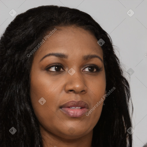 Joyful asian young-adult female with long  brown hair and brown eyes