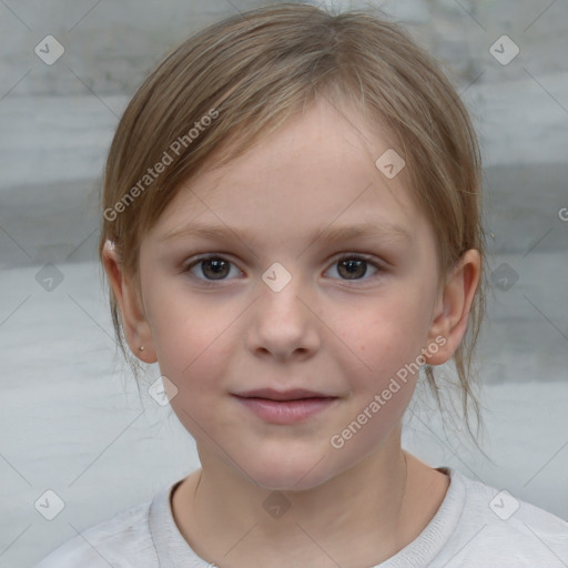 Joyful white child female with medium  brown hair and brown eyes