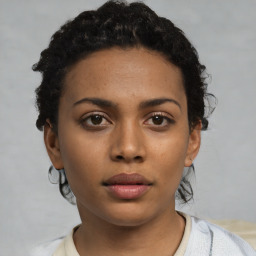 Neutral black young-adult female with short  black hair and brown eyes