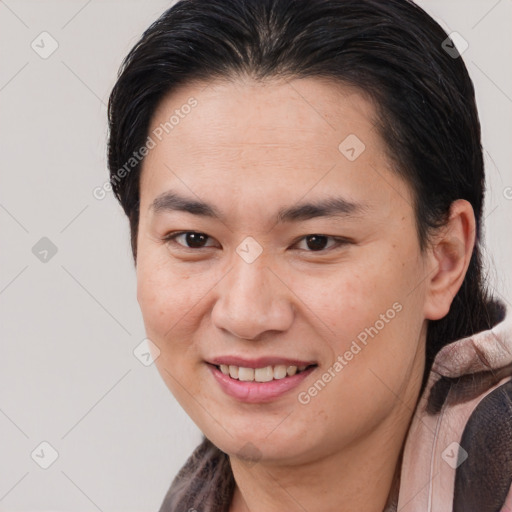 Joyful white young-adult female with medium  brown hair and brown eyes