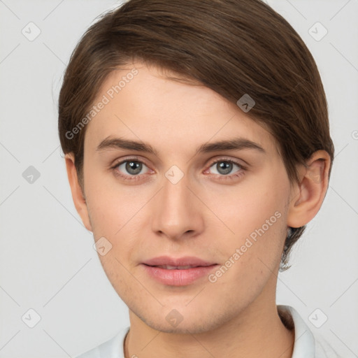 Neutral white young-adult female with short  brown hair and brown eyes