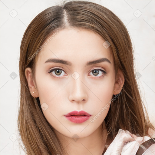 Neutral white young-adult female with long  brown hair and brown eyes