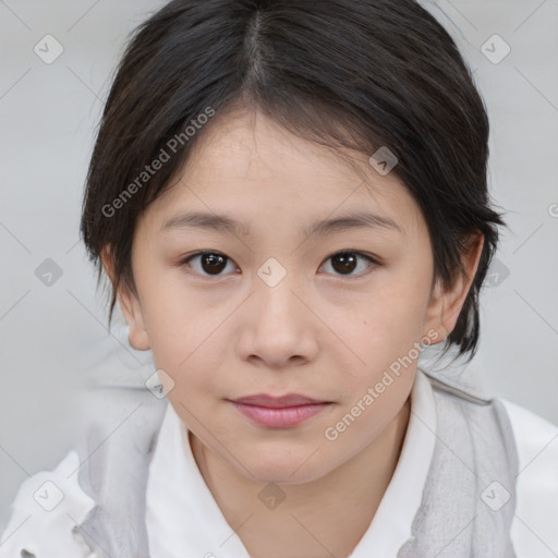 Joyful white child female with medium  brown hair and brown eyes