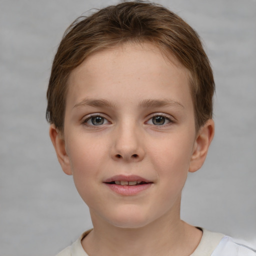 Joyful white child female with short  brown hair and grey eyes