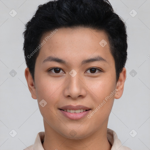 Joyful asian young-adult female with short  brown hair and brown eyes