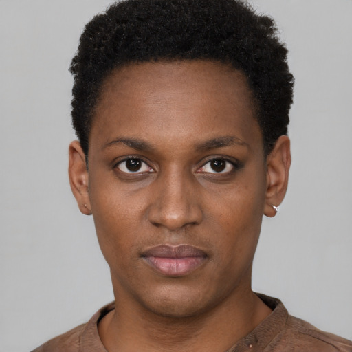 Neutral black young-adult female with short  black hair and brown eyes