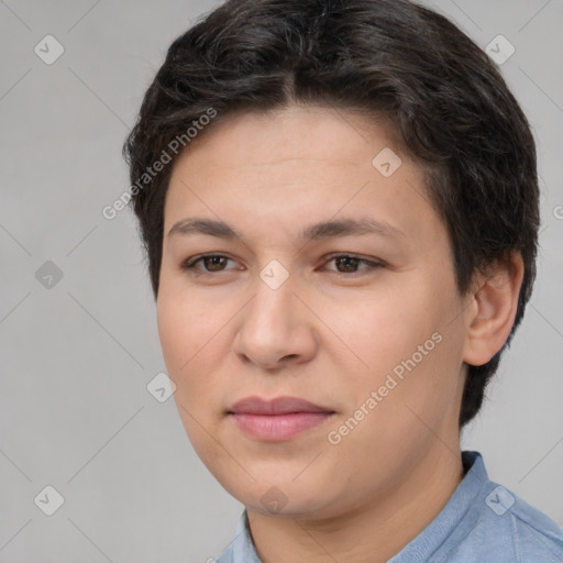 Joyful white young-adult female with short  brown hair and brown eyes