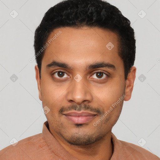 Joyful latino young-adult male with short  black hair and brown eyes