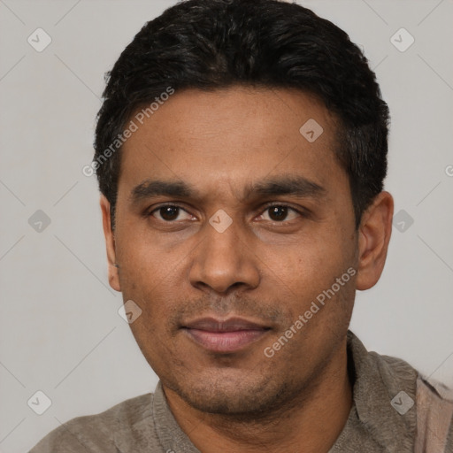 Neutral latino adult male with short  black hair and brown eyes