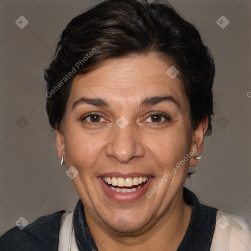 Joyful white adult female with short  brown hair and brown eyes