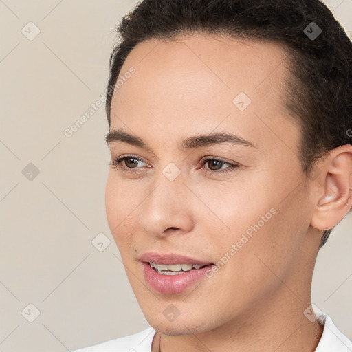 Joyful white young-adult female with short  brown hair and brown eyes