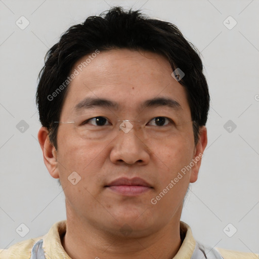 Neutral asian young-adult male with short  brown hair and brown eyes