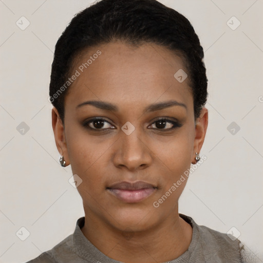 Neutral black young-adult female with short  black hair and brown eyes