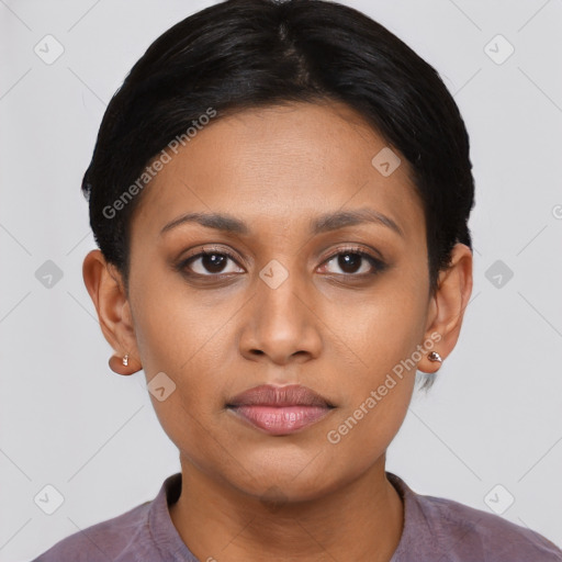 Joyful asian young-adult female with short  black hair and brown eyes