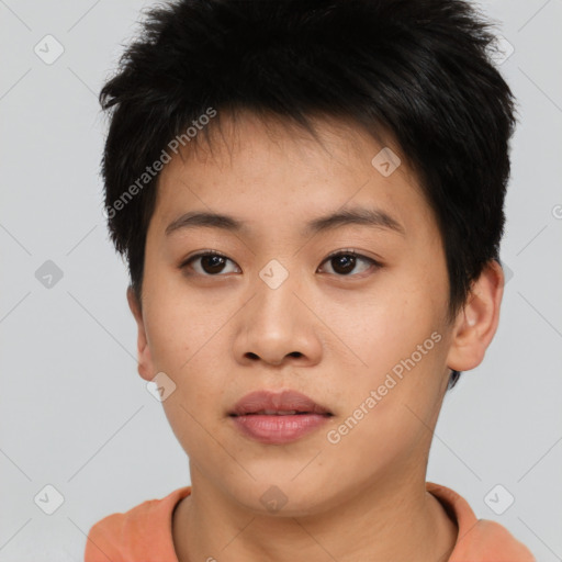 Neutral asian young-adult female with short  brown hair and brown eyes