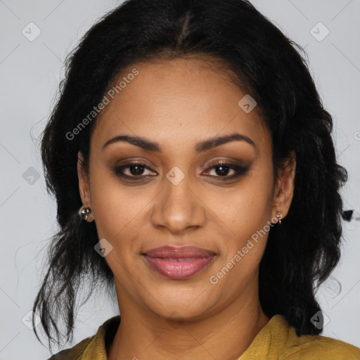 Joyful black young-adult female with long  brown hair and brown eyes