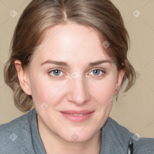 Joyful white young-adult female with medium  brown hair and blue eyes