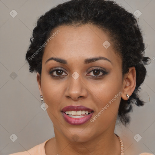 Joyful latino young-adult female with short  brown hair and brown eyes