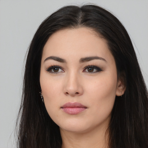 Neutral white young-adult female with long  black hair and brown eyes