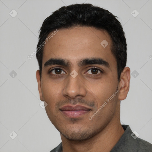 Neutral latino young-adult male with short  black hair and brown eyes