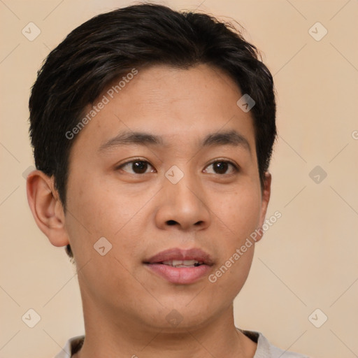 Neutral asian young-adult male with short  brown hair and brown eyes