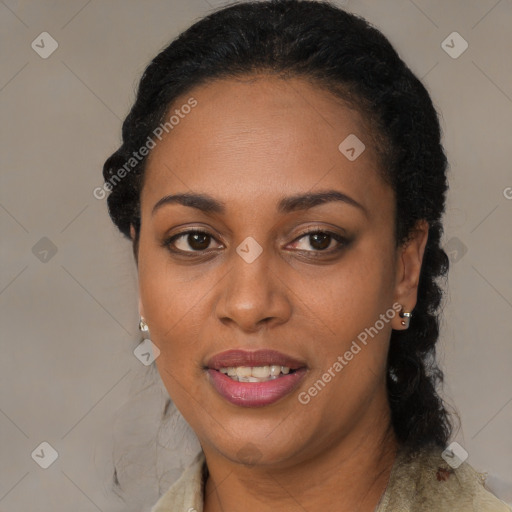 Joyful black young-adult female with medium  black hair and brown eyes
