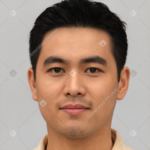 Neutral asian young-adult male with short  black hair and brown eyes