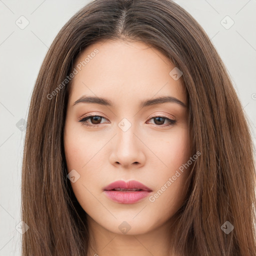 Neutral white young-adult female with long  brown hair and brown eyes