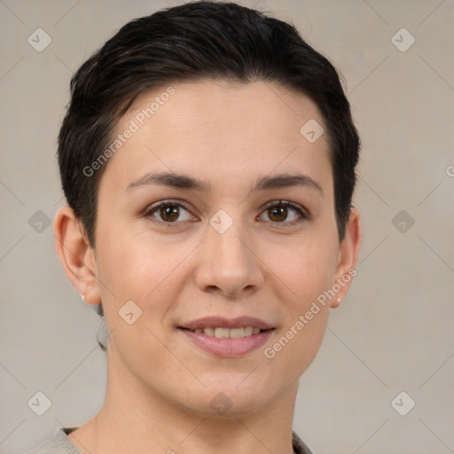 Joyful white young-adult female with short  brown hair and brown eyes