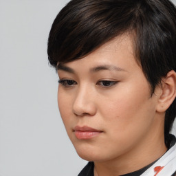Neutral white young-adult female with short  brown hair and brown eyes