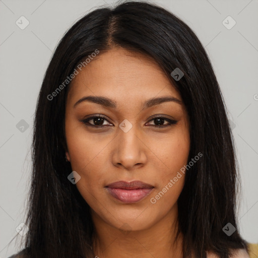 Joyful latino young-adult female with long  brown hair and brown eyes