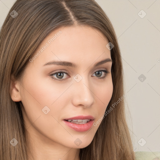 Neutral white young-adult female with long  brown hair and brown eyes