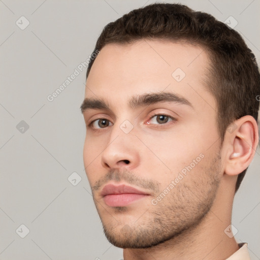 Neutral white young-adult male with short  brown hair and brown eyes