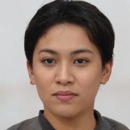 Neutral asian young-adult female with short  brown hair and brown eyes