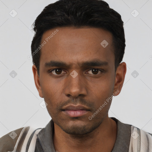 Neutral black young-adult male with short  black hair and brown eyes