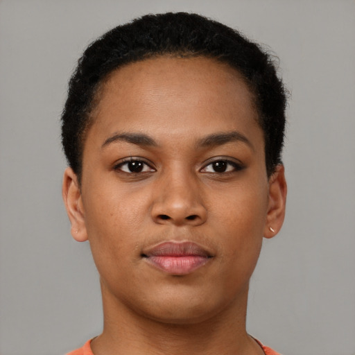 Neutral black young-adult female with short  brown hair and brown eyes