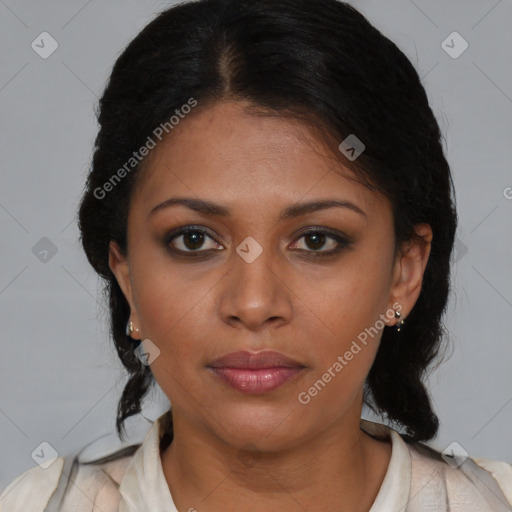 Neutral asian young-adult female with medium  brown hair and brown eyes