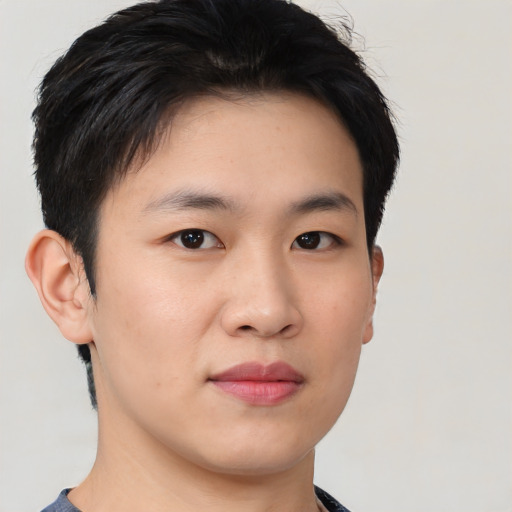 Neutral asian young-adult male with short  brown hair and brown eyes