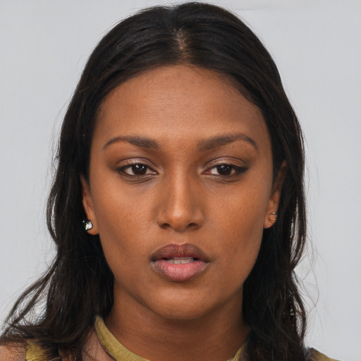 Neutral asian young-adult female with long  brown hair and brown eyes