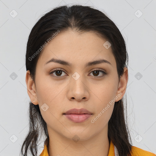 Neutral asian young-adult female with medium  brown hair and brown eyes