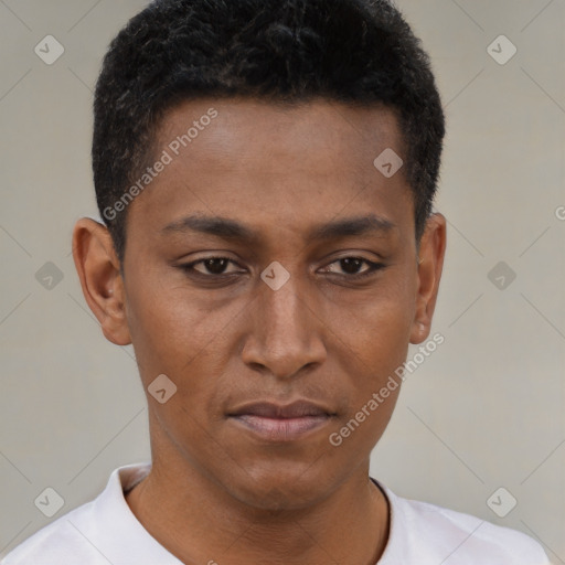 Neutral black young-adult male with short  black hair and brown eyes