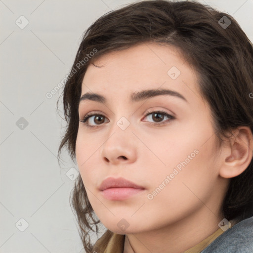 Neutral white young-adult female with medium  brown hair and brown eyes