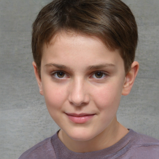 Joyful white child female with short  brown hair and brown eyes