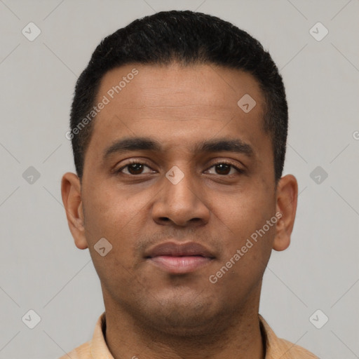 Neutral latino young-adult male with short  black hair and brown eyes