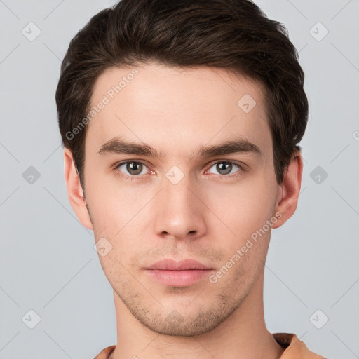 Neutral white young-adult male with short  brown hair and brown eyes