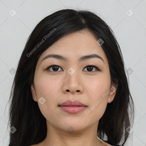 Neutral asian young-adult female with medium  black hair and brown eyes