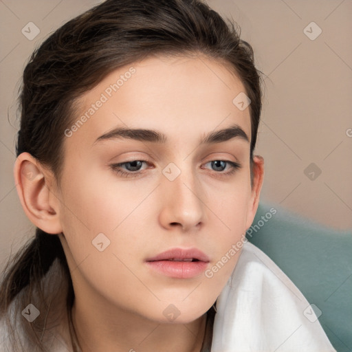 Neutral white young-adult female with long  brown hair and brown eyes