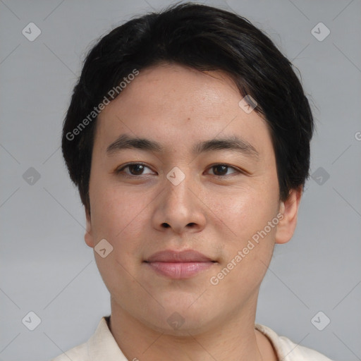 Neutral asian young-adult male with short  brown hair and brown eyes