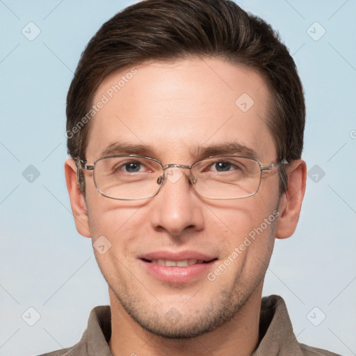 Joyful white adult male with short  brown hair and grey eyes