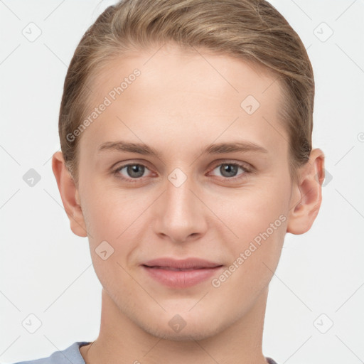 Joyful white young-adult female with short  brown hair and grey eyes